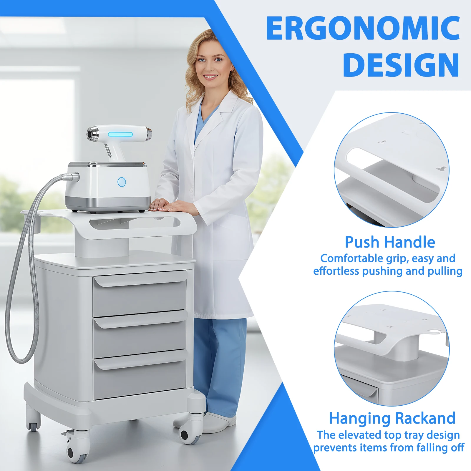 

Medical Trolley Cart with Wheels Esthetician Machine Stand with 3 Drawers 110LBS Load for Hospital Dental Clinics Beauty Salons