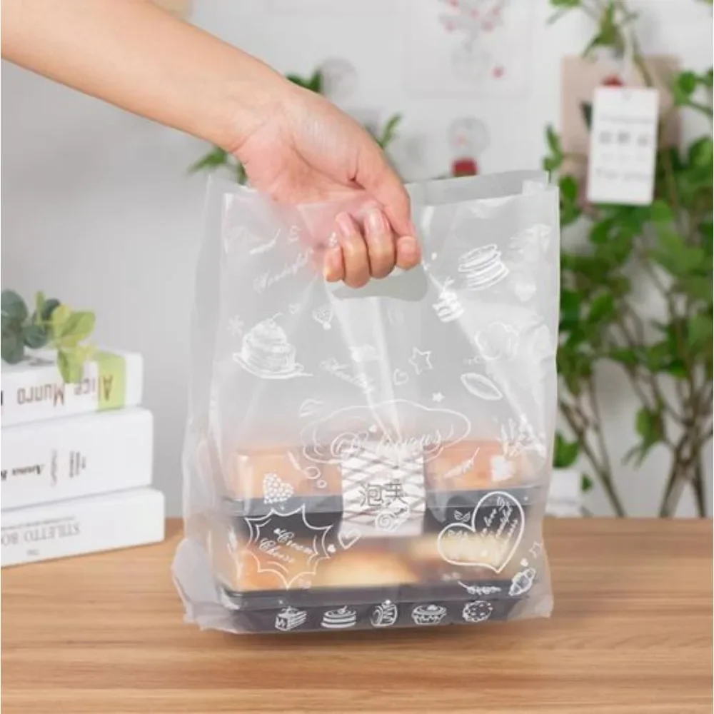 Baking Bread Packaging Bag Disposable Food Dessert Cake Tote Bag Portable Transparent Handle Biscuits Gifts Bags 50Piece