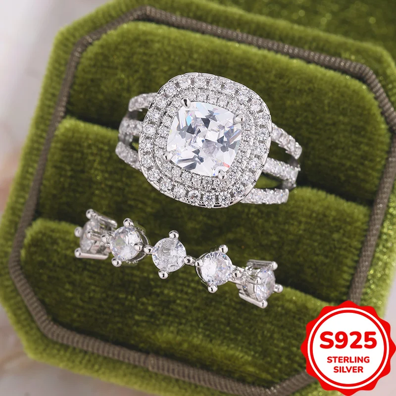 Trendy and Creative Genuine S925 Silver Square Hollow Irregular Full Diamond Ladies Stacked Wedding Ring