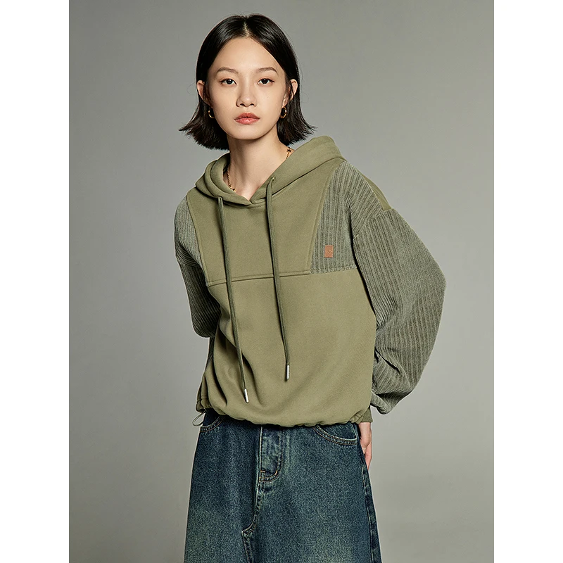 Toyouth Women Fleece Hoodies 2023 Winter Long Sleeve Loose Hooded Sweatshirt Splicing Design Casual Apricot Army Green Pullover