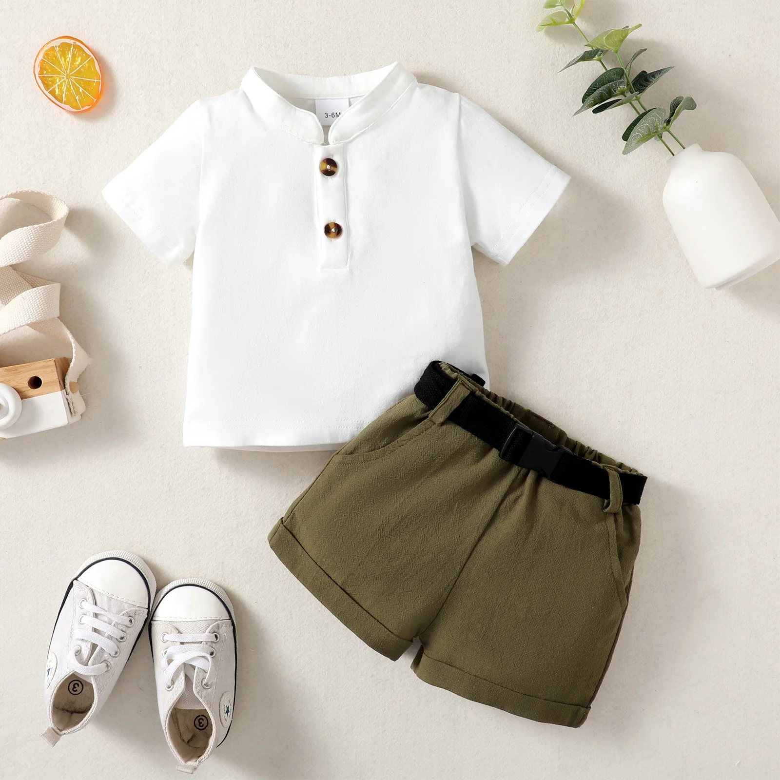 Baby boy Casual Set solid Color Top+Military green short sleeved Two-piece Set suitable for Toddlers aged 0-24 Months Summer Set