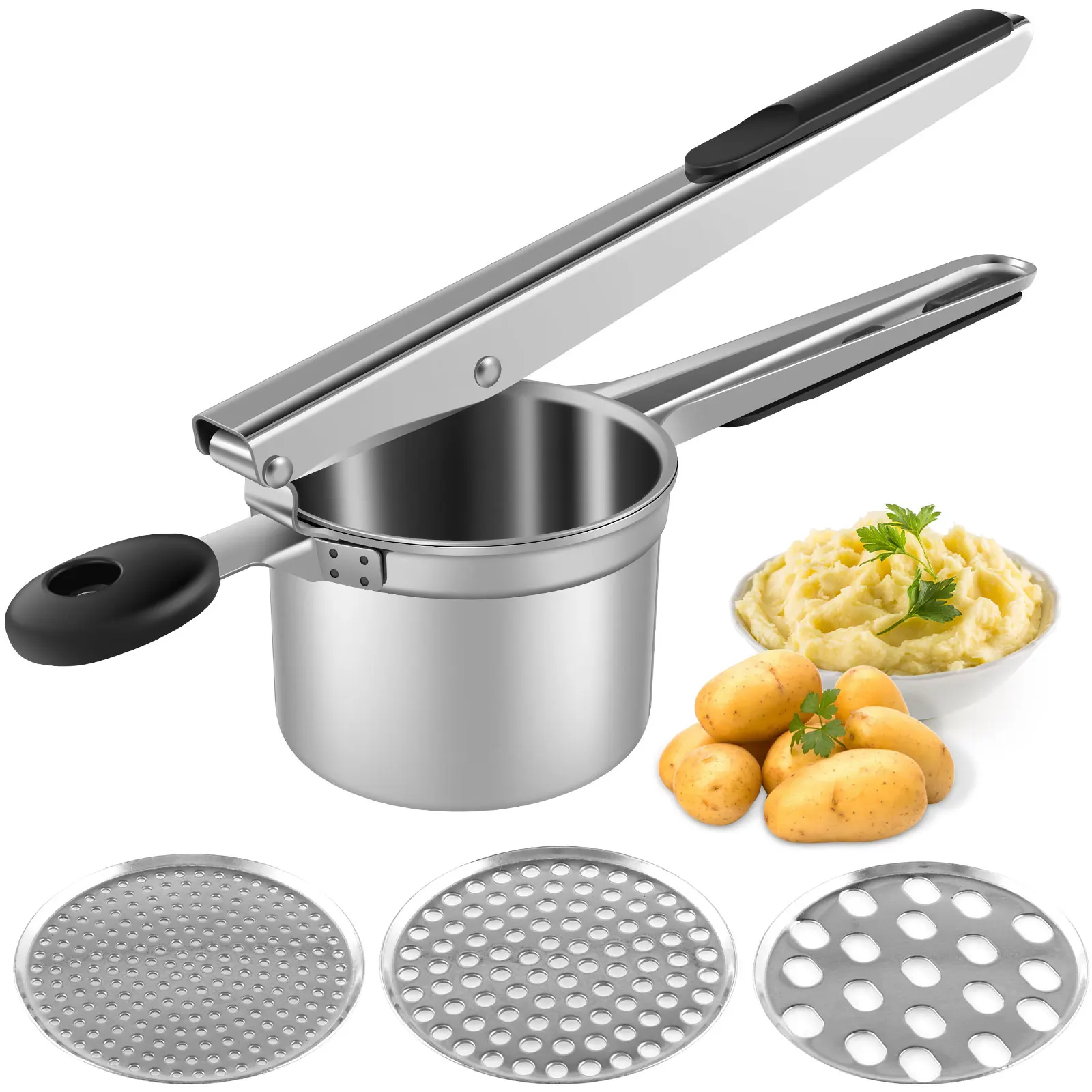 

Potato Rice Stainless Steel Potato Masher with 3 Removable Discs Manual Food Ricer with Ergonomic Anti-Slip Handle 3.9×5.1×12.9