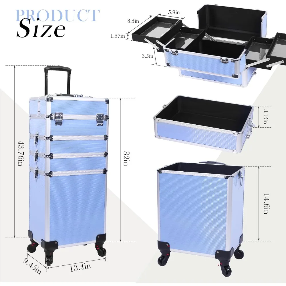 5-in-1 Rolling Makeup Train Case, Large Professional Cosmetic Trolley with 360° Swivel Wheels, Lockable Aluminum Travel Case for Artists view 2