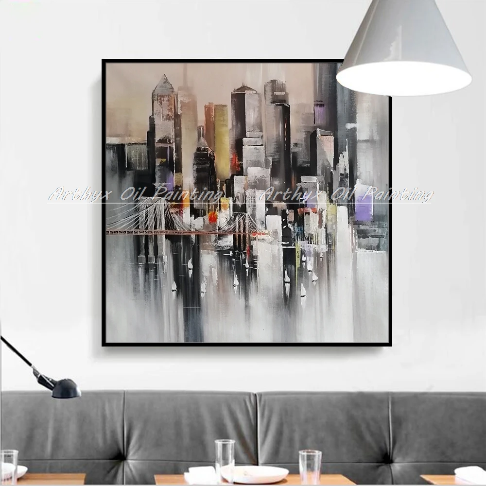 Arthyx Modern Abstract City Landscape Oil Paintings Hand Made Large Size,Canvas,Wall Art,Picture For Living Room,Home Decoration