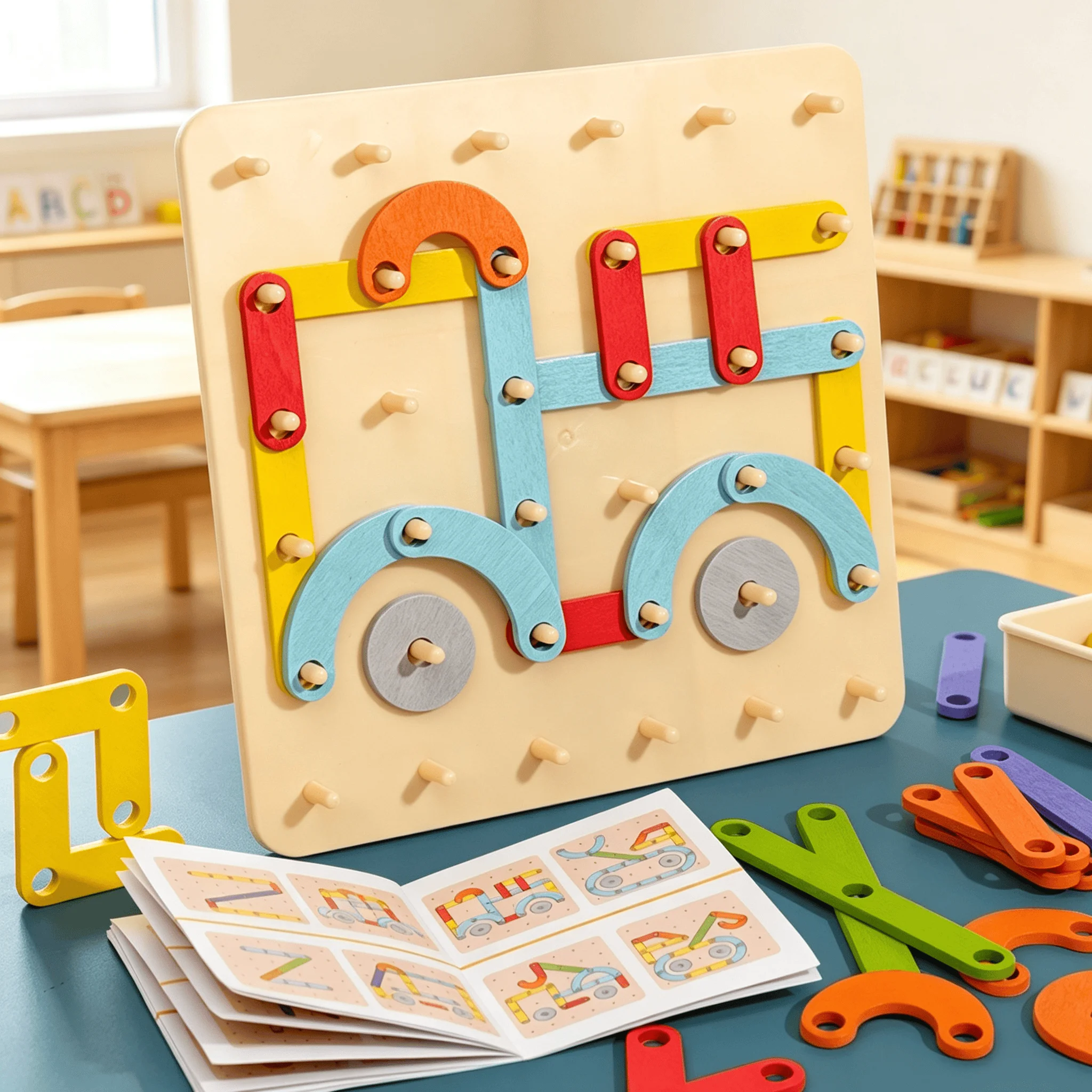 Children's Wooden Pin Board Montessori Educational Toys with 100 Patterns Alphabet Numbers Geometric Shapes Learning Tool