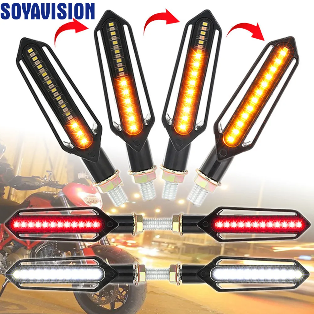 Universal LED Motorcycle Turn Signal Light White DRL/Red Brake Light+Flowing Water Blinker Flashing Yellow LED Indicators Light