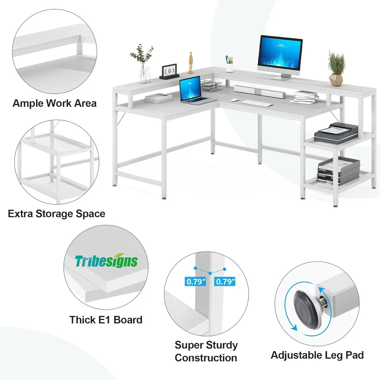 Em Forma De L Mesa Com Suporte Do Monitor, Grande Mesa De Canto Reversível, Prateleira De Armazenamento, Mesa De Computador Industrial, Escrita Mesa, 69"