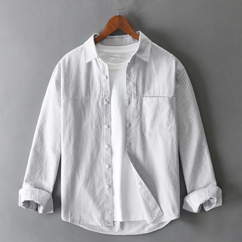 100% cotton striped shirt Long sleeve men's spring trend everything with loose casual shirt coat