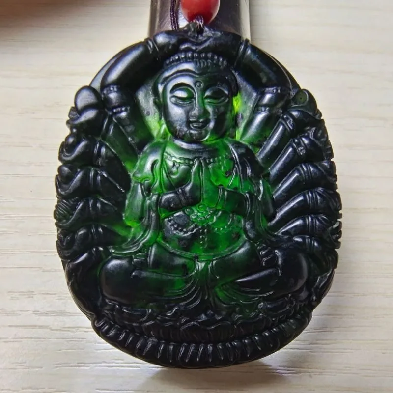 Pure Natural Medicine King Stone Thousand Hands Guanyin Pendant Dark Green Jade Buddha Necklace