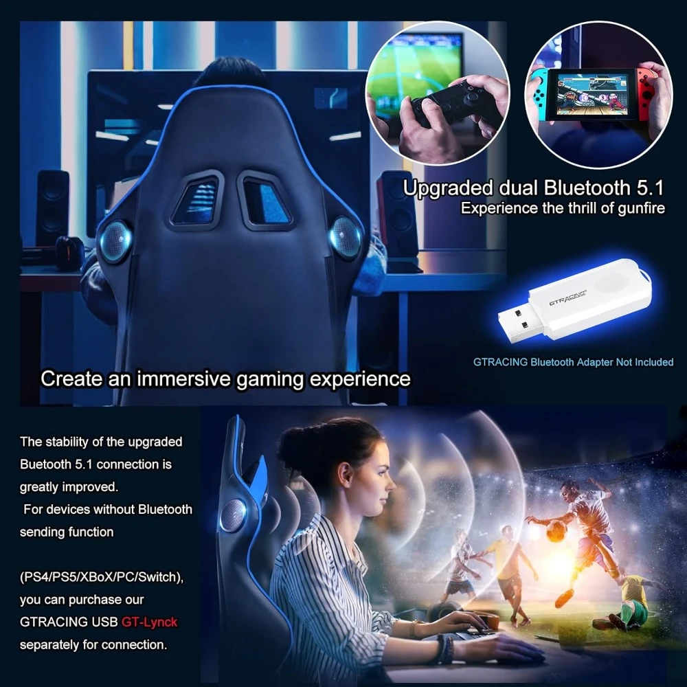 Gaming Chair with Speakers Bluetooth Music Video Game Chairs Audio Ergonomic Design Heavy Duty Office Computer Desk Chair（Blue）