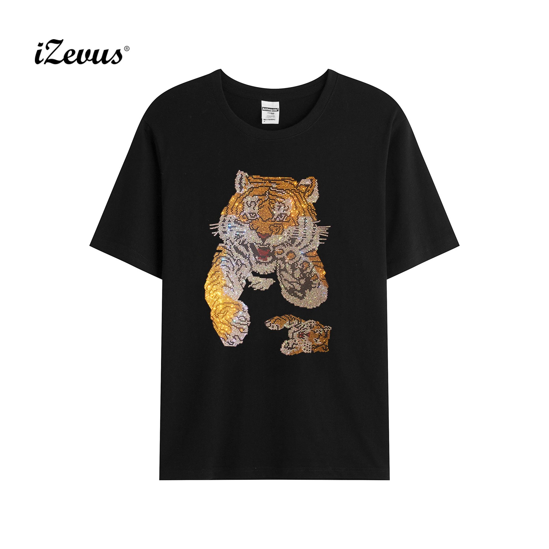 Hot new high quality men's summer T-shirt creative cute tiger rhinestone cute tiger men's short-sleeved casual T-shirt