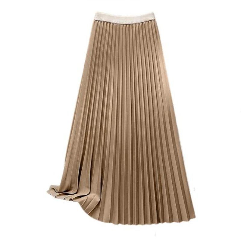 Jupe Maxi plissée taille haute élastique pour femmes, couleur unie, jupes trapèze en Satin lisse