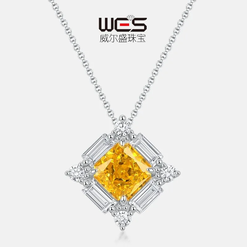 High Carbon Diamond 18K Gold Inlaid with Colored Baby Stones PT950 Platinum Square Ice Flower Cut Fashionable Yellow Diamond