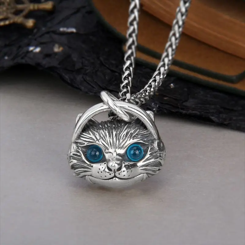 New cat pendant with headphones female personality Thai silver do old Instagram hip hop punk trend human necklace pet gift