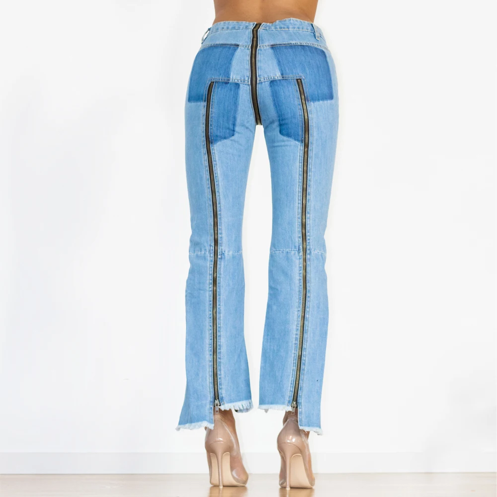 

Shascullfites Women's Light Blue Denim Split Straight Jeans Slim Fit Zipper Dance Club Pants