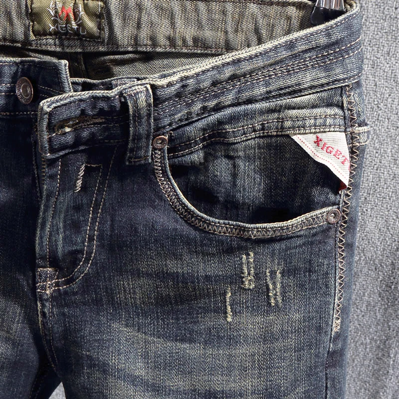Italian Style Fashion Men Jeans Retro Black Blue Slim Fit Ripped Jeans Men Trousers Vintage Designer Casual Denim Pants Hombre