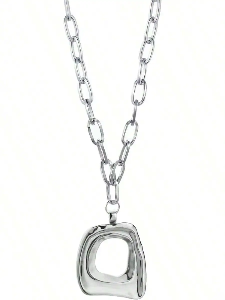 

Chunky Silver Statement Pendant Necklace with Geometric Hollow Design
