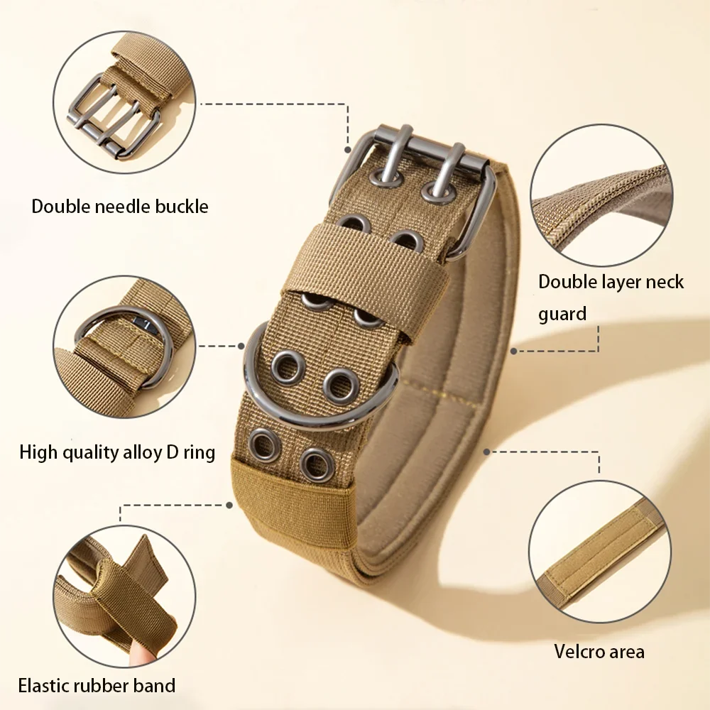 Outdoor Adjustable Military Dog Collar Traction Rope Metal D-Ring and Buckle Working Dog Collar Five-Level for Medium and Large