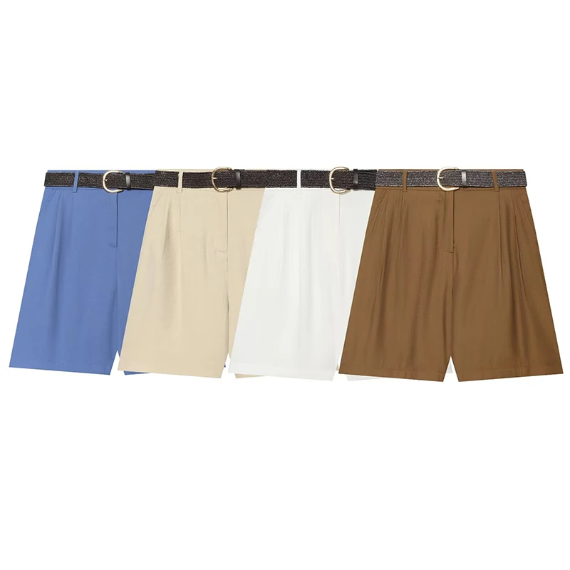

Women's Shorts Fashion With Belt Pleated Casual Shorts Summer Women High Waist Shorts