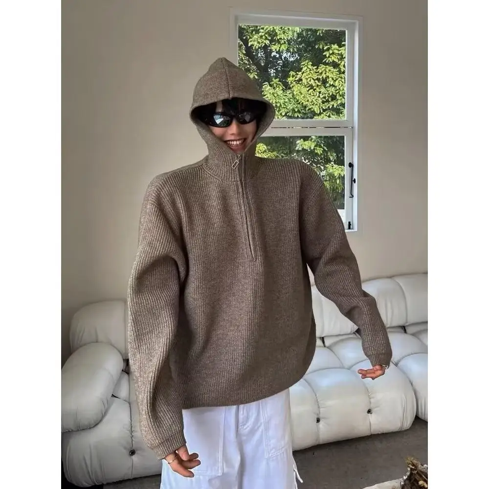 

2025 autumn and winter new cardigan sweater American retro casual lazy style hooded sweater men's jacket sweater with lava