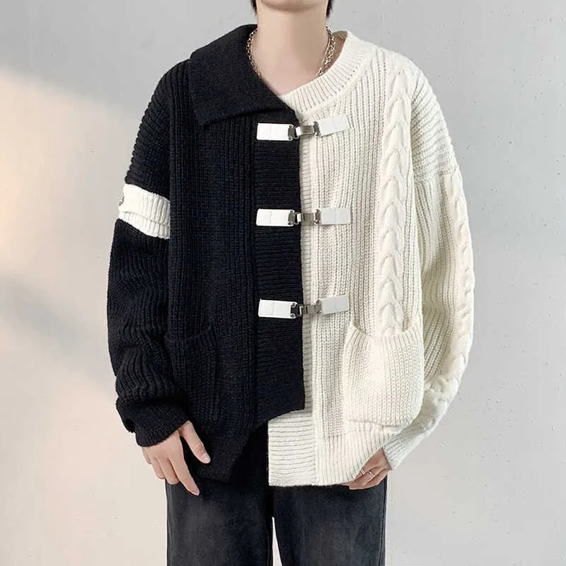 

Loose Men's Knitted Sweater Twist Metal Button Splicing Design Casual Knitwear Bla White Contrast Autumn Faion Outerwear