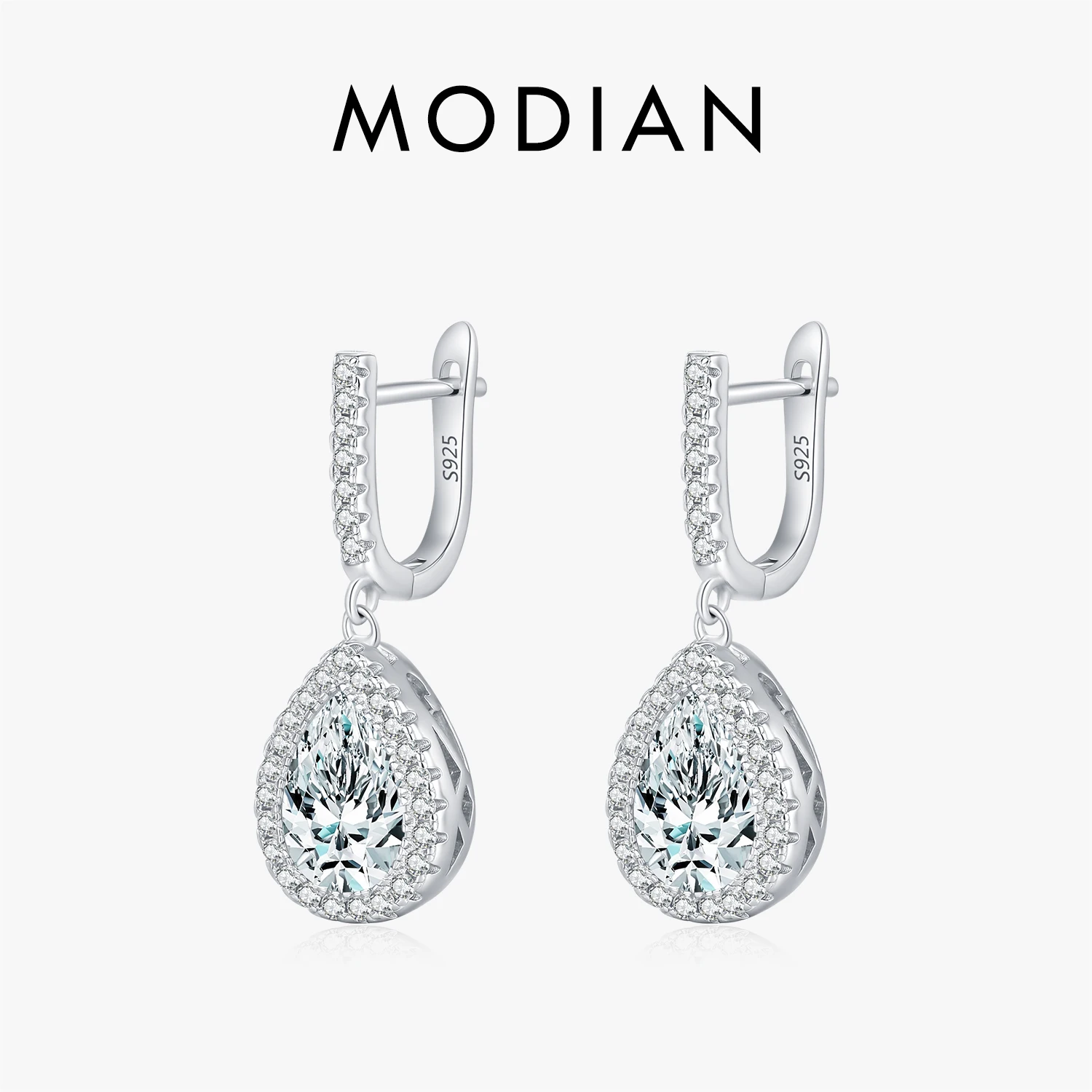 MODIAN 925 Sterling Silver Water Drop Shape Drop Dangle Earrings Pear CZ Swing Hoop Earrings for Women Wedding Fine Jewelry