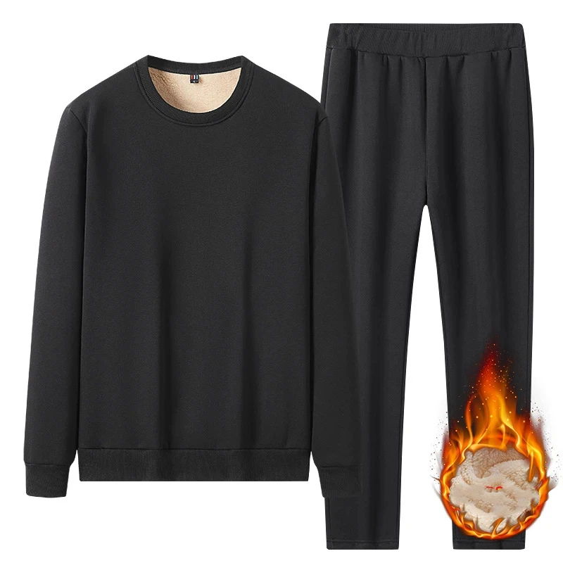 Conjunto de Dos Piezas para Hombre, Sudadera Cuello Redondo con Forro de Lana de Cordero para Invierno, Pantalones Rectos Térmicos Gruesos, Tallas M-5XL