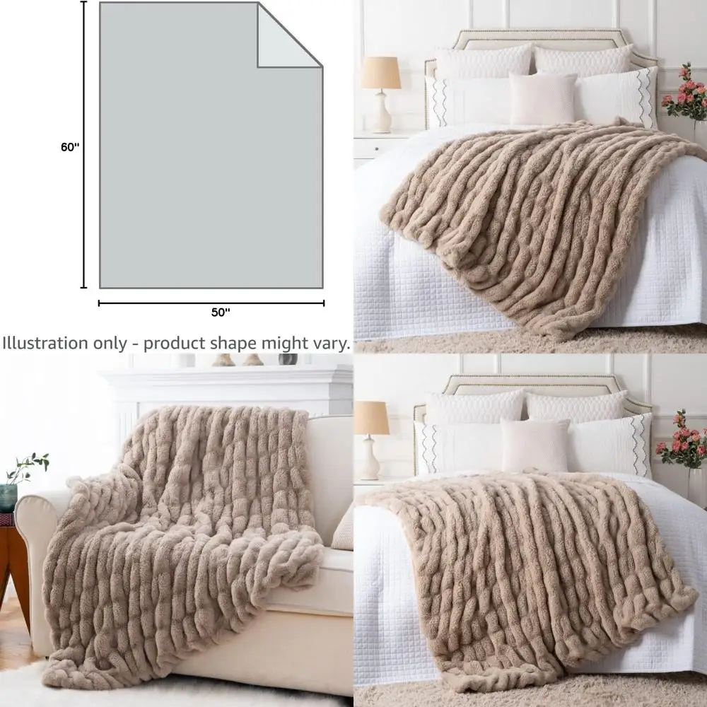 

Elegant Tan 50x60 Faux Rabbit Fur Throw, Lightweight Machine Washable Couch Blanket with Ruched Design