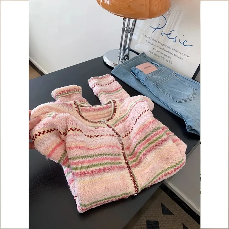 

Loose Long Sve Striped Knitted Sweater Cardigan Women's Top Lazy Sle Autumn Outerwear Comfortable Breathable Faionable
