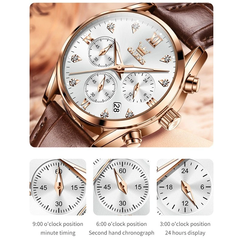 OLEVS 5523 Quartz Fashion Watch Gift Round-dial Leather Watchband Wristwatch Chronograph Calendar Luminous