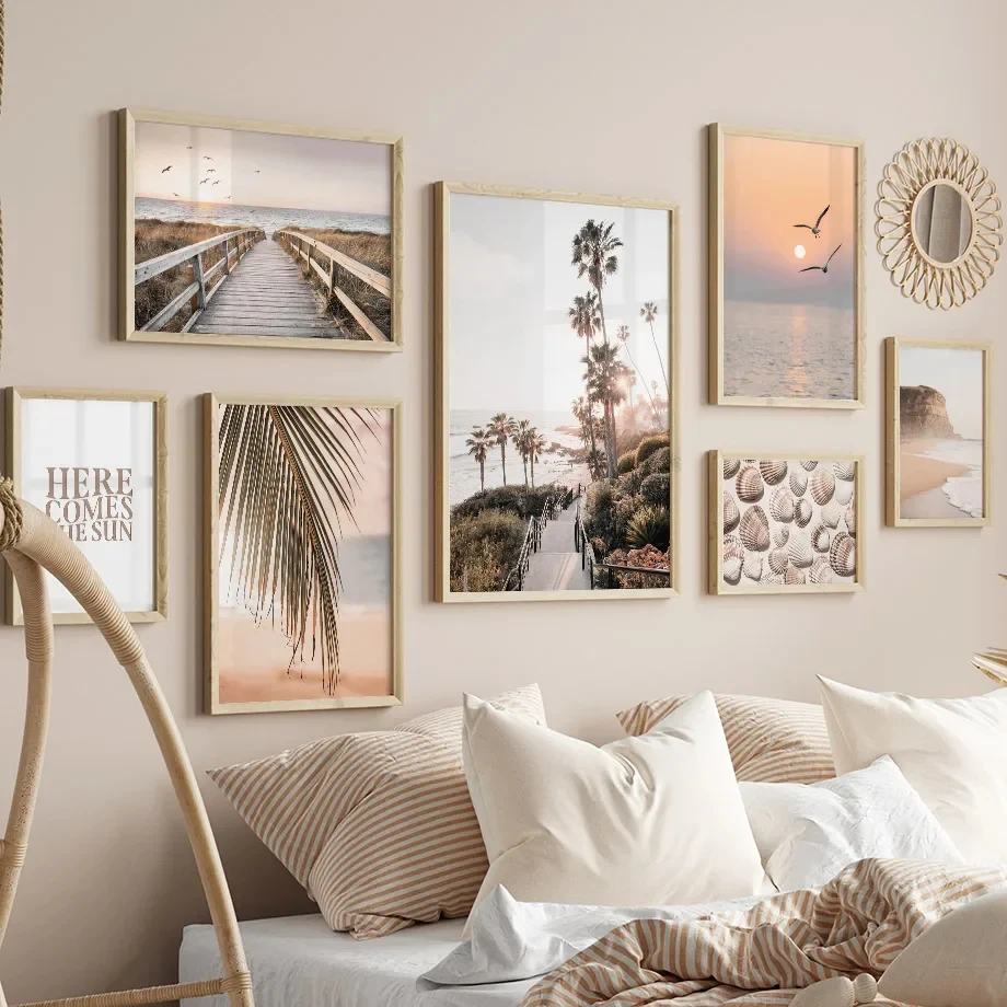 Puesta de sol, playa, árbol de coco, puente, concha, pájaro, imagen artística de pared, decoración para sala de estar, pintura al óleo, carteles nórdicos e impresión