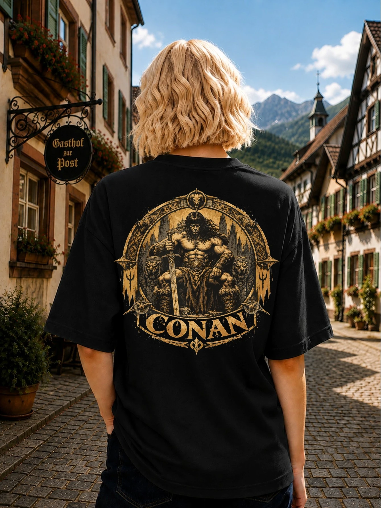 Conan Barbarian Warrior with Sword and Ornate Golden Frame Dark Medieval Fantasy Unisex T-Shirt