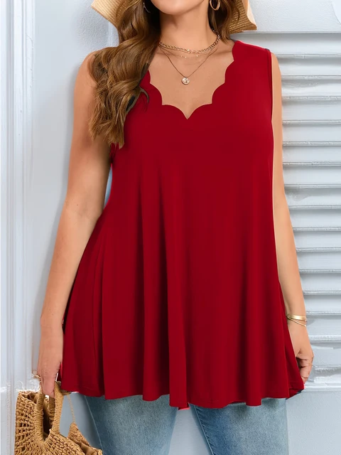 Plus Size Tunika bez rękawów z falbaną dla kobiet Casual Loose Fit Letnia bluzka Lekka i oddychająca