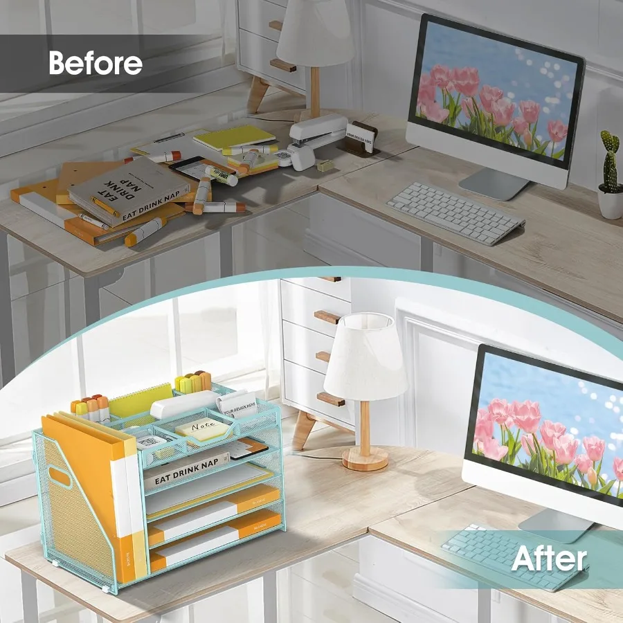 صينية رسائل ورقية مكونة من 5 طبقات مع حامل ملفات و3 حاملات أقلام شبكية منظم ملفات مكتب مع مقبض للمدرسة الفعالة H #6