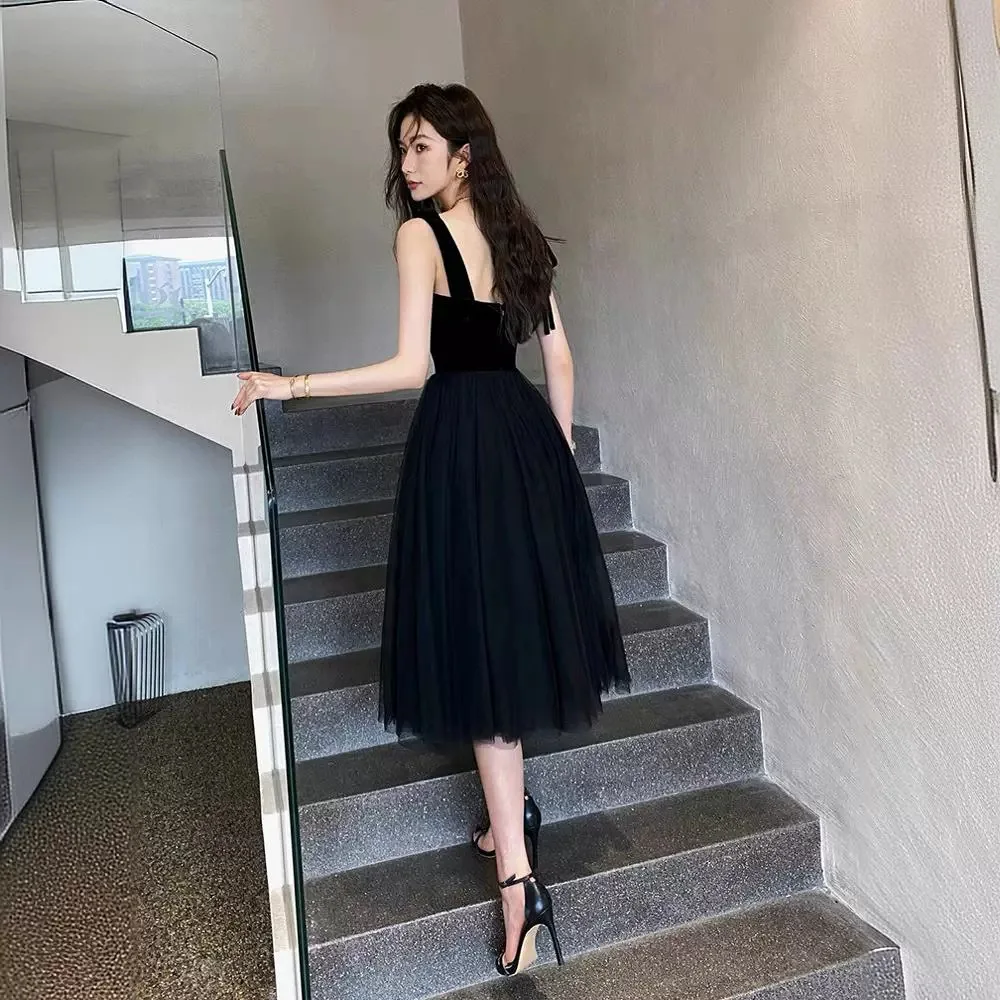 Elegant Wide Strap Evening Guest Prom Long Dresses 2024 Sexy Square Neck Summer Tea-Length Wedding Dresses Birthday Party Dress