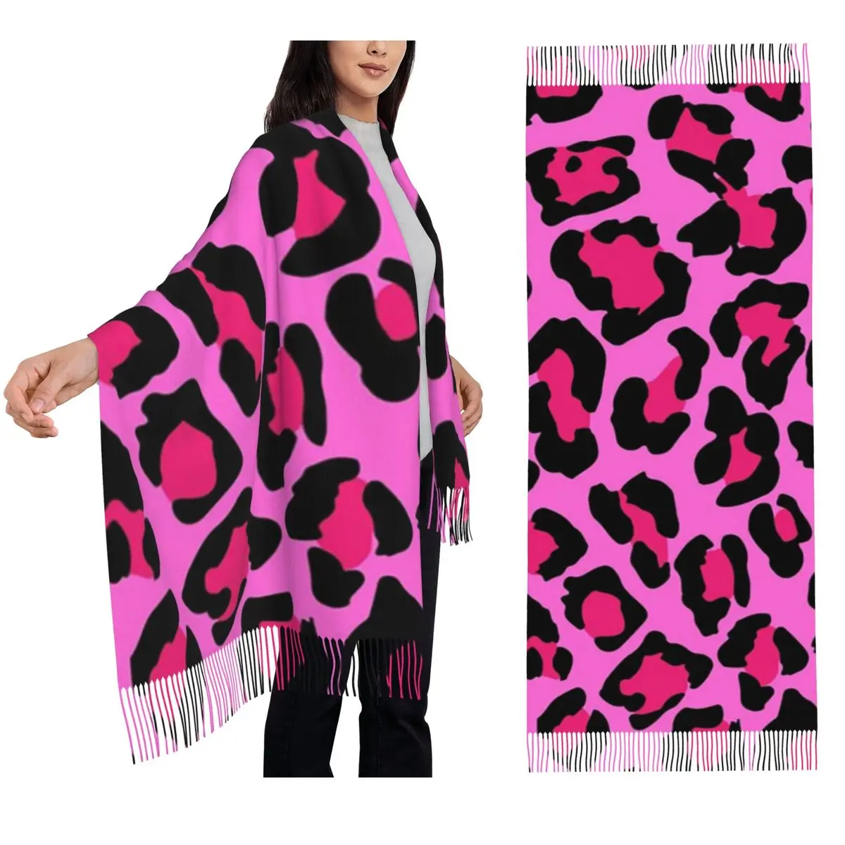 Hot Pink Leopard Print Scarf Tassel Scarves for Women Soft Warm Shawls and Wraps Long Fall Winter Shawl Wrap
