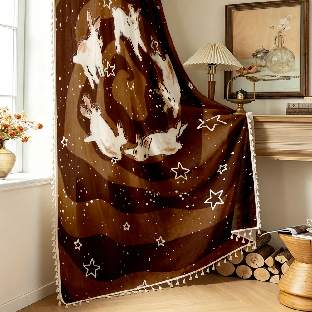 1PC Farmhouse Tassel Sheer Curtains, Rabbits Stars, Digital Print, Linen Polyester, for Bedroom Living Room Window, Room Decor