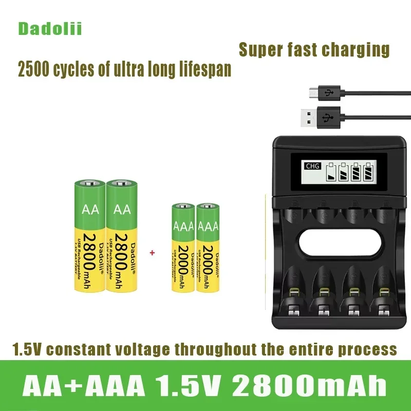 Dadolii original aa/aaa bateria 1.5v bateria de íon de lítio de polímero recarregável 1.5v aa/aaa bateria com carregador usb