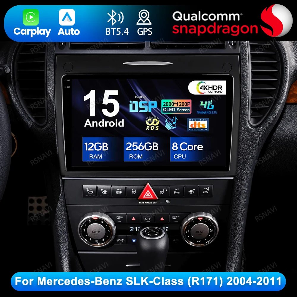 

Android 15 для Mercedes-Benz SLK-Class (R171) 2004-2011, автомобильный радиоприемник QLED, головное устройство DVD BT, беспроводной Carplay, автонавигация, стерео