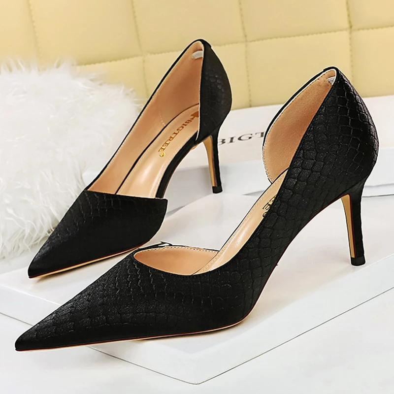 BIGTREE New Snake-print Satin Women Pumps Pointed Toe Kitten Heels Ladies Shoes Fashion Sexy Party Shoes Stiletto Large Size 43