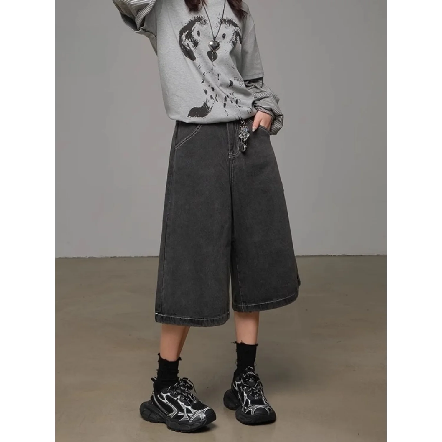 American Retro Waed Gamba larga Denim orts Donna Estate Casual Vita alta Allentato Dimagrante Pantaloni a sette piedi Casual Sle