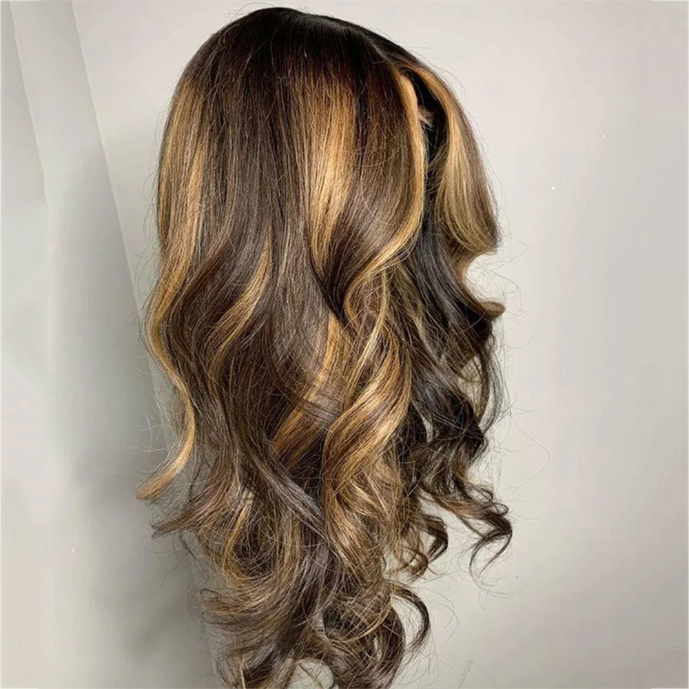 Destaques marrom solto onda do corpo cabelo sintético parte livre peruca marrom escuro morena longo ondulado natural perucas dianteiras do laço para mulher