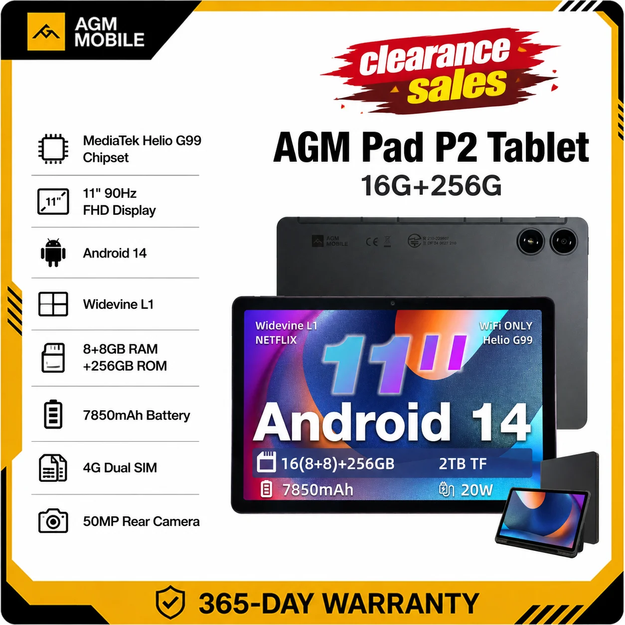 AGM Pad P2 Tablet 11" Fhd Display 480Nit Brightness 8Gb+256Gb PC Pad 50Mp Camera 7850Mah Battery Widevine 4G LTE Tablet