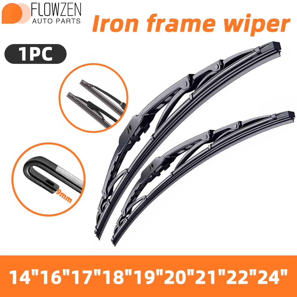 1PC U/J Hook 9mm Car Windshield Iron Frame Wiper Metal Blade Universal Replacement Rubber Accessory 14"16"17"18"19"20"21"22"24"