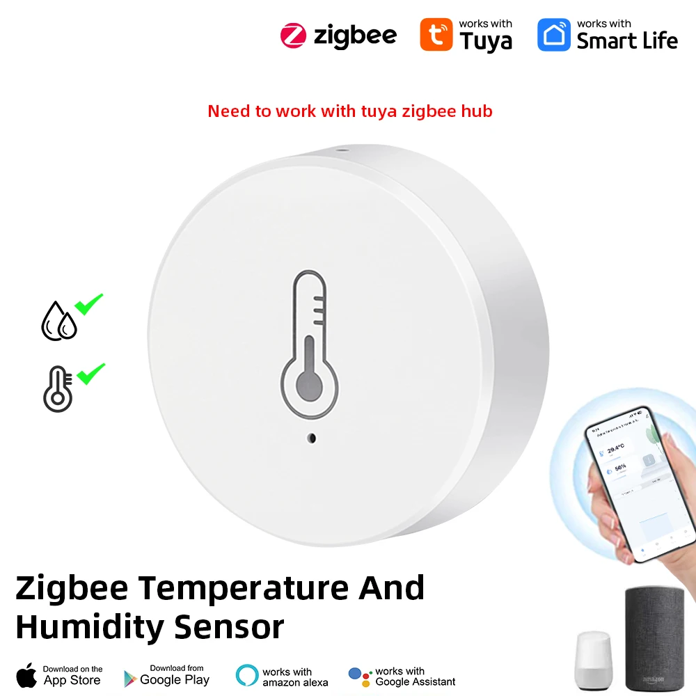 Tuya ZigBee Mini Temperature Humidity Sensor Smart Home Remote Monitor Works with Gateway Alexa Google Home Voice App Control