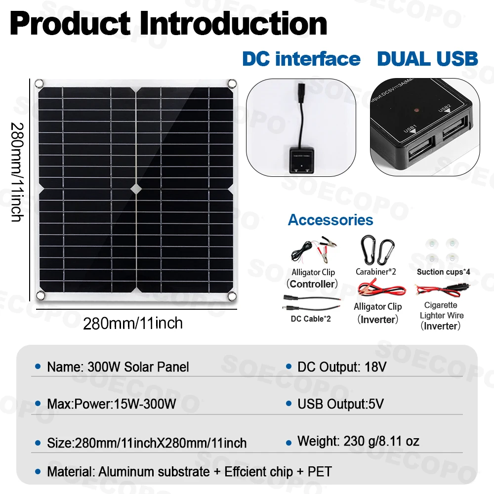 SOECOPO 6000W Solar System Complete Set 2*300W Photovoltaic Panels 100A Controller DC 12V to AC 110V/220V Inverter for Camping - Image 2