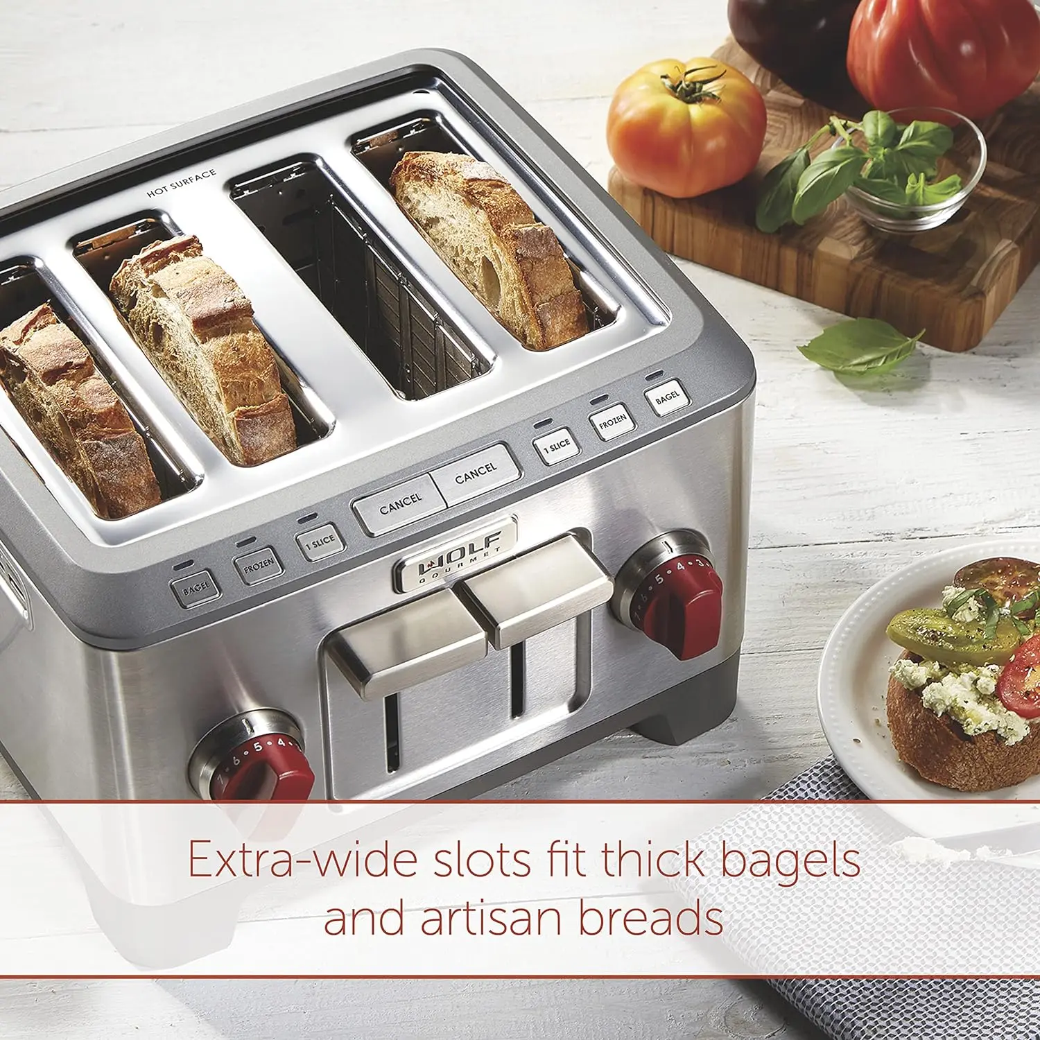 

Wolf Gourmet 4-Slice Extra-Wide Slot Toaster with Shade Selector, Bagel and Defrost Settings, Red Knob, Stainless Steel