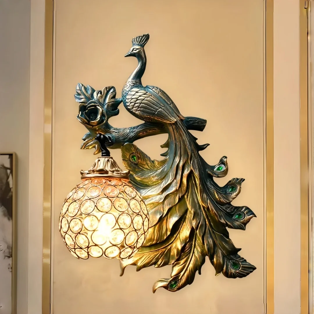 Peacock Sculpture Wall Lamp, Vintage Crystal Wall Sconce For Bedroom Living Room Luxury Decorative Indoor Art Lighting Fixture