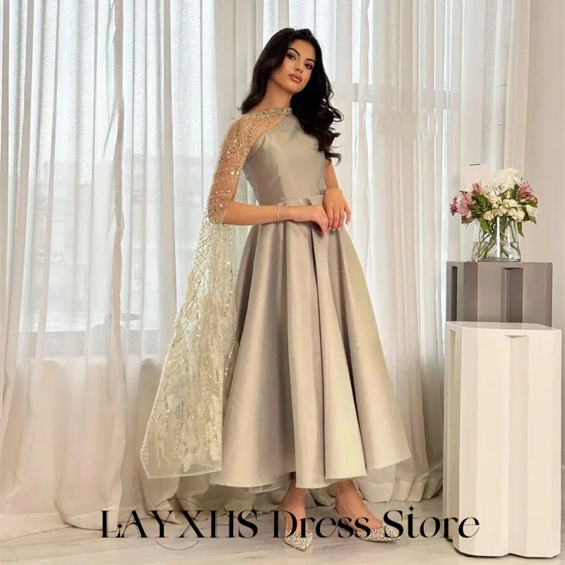 LAYXHS 絶妙なフォーマルイブニングドレス チュール ワンショルダー ケープ Aライン プリーツ アンクル丈 ドバイ プロムドレス カスタマイズされた فستان س