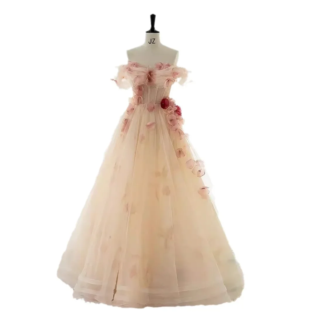 Novedad de verano, vestido decorativo de flores 3D con un hombro al descubierto, vestido de noche elegante francés para banquete, vestidos largos para mujer, vestido de novia